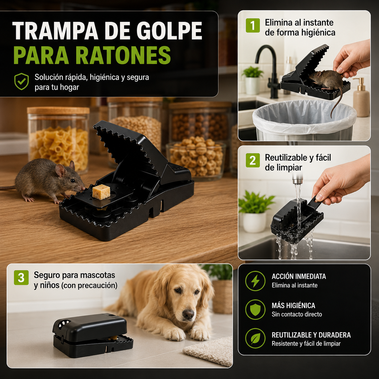 Trampa de golpe para ratones: elimina, es reutilizable y segura