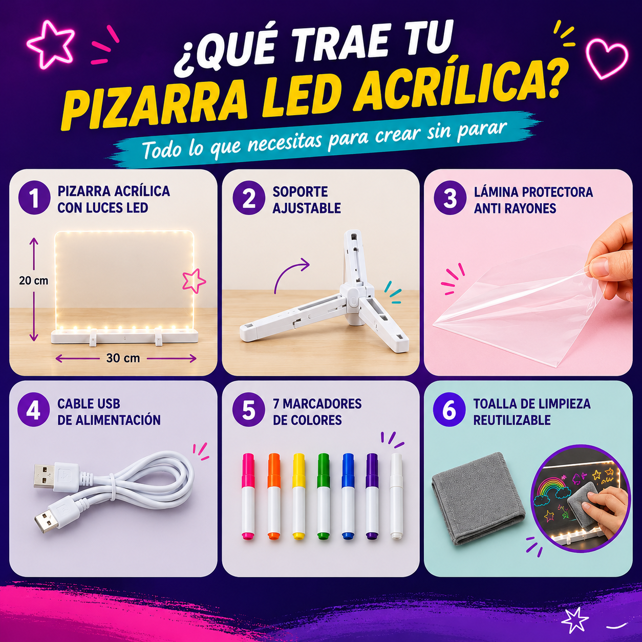Contenido del pack: pizarra, soporte, lámina protectora, cable USB, marcadores y paño de limpieza