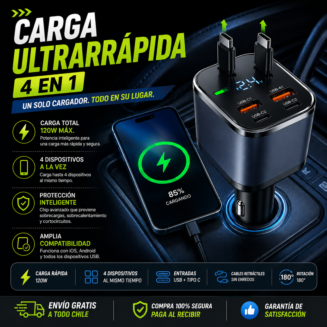 Cargador De Auto 4 En 1 120w